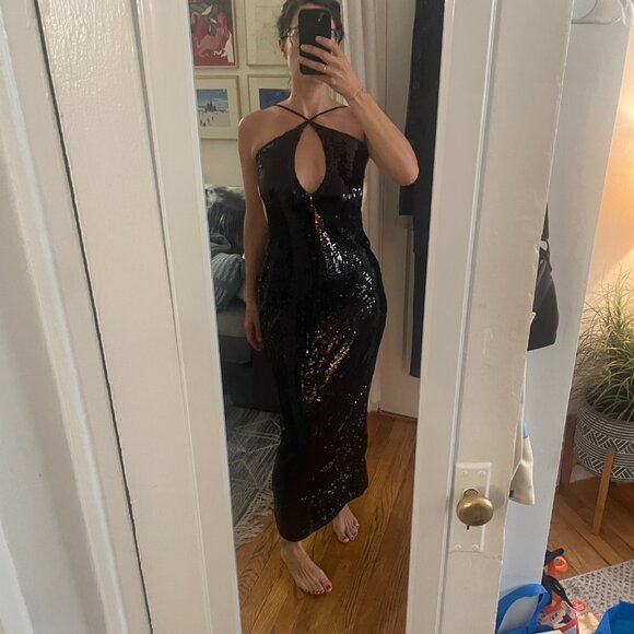 Black Sequin Keyhole Halter Backless Black Tie NWOT - Picture 3 of 10